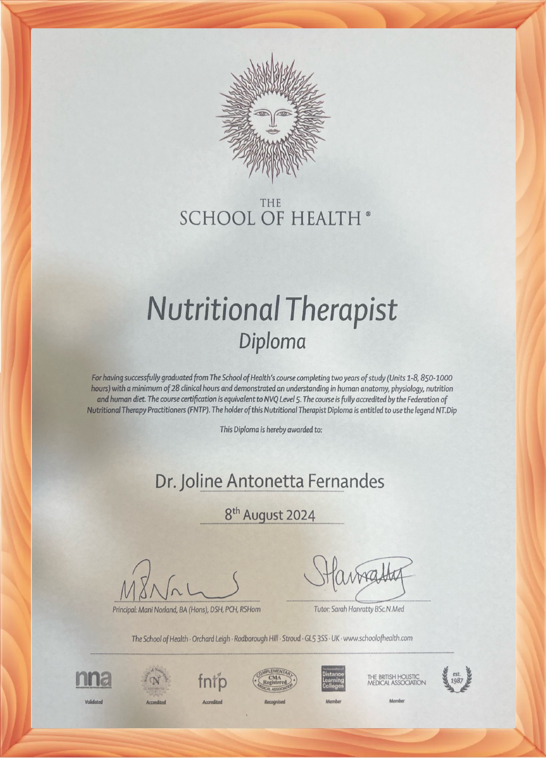 Certificate of Nutritional Therapist Diploma